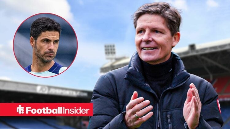 Mikel Arteta looking serious on the left for Arsenal with a happy Oliver Glasner on the right