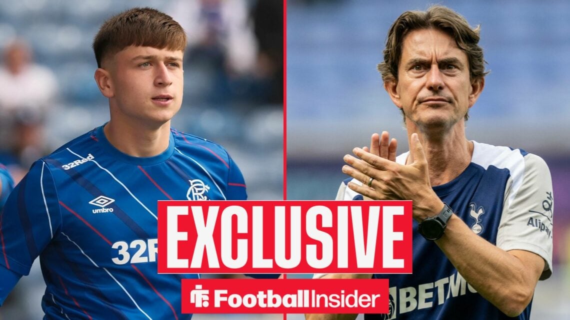 Football Insider exclusive as Mikey Moore warms up for Rangers in the left half of the image, while Tottenham manager Thomas Frank applauds on the ...