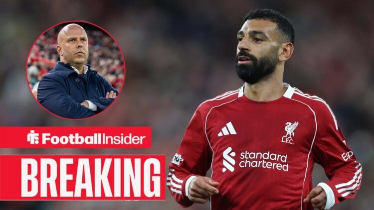 Mohamed Salah playing for Liverpool, Arne Slot in a circular inset