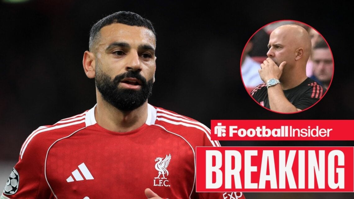 Mohamed Salah in action for Liverpool, with Arne Slot in a circular inset