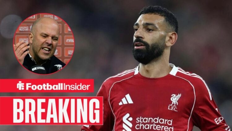 Mohamed Salah in action for Liverpool, with Arne Slot in a circular inset