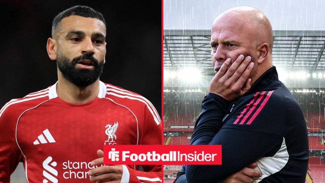 Mohamed Salah in a Liverpool shirt with Arne Slot looking upset