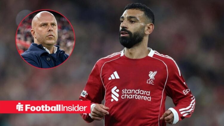 Mohamed Salah in a Liverpool shirt with Arne Slot included in a circular inset