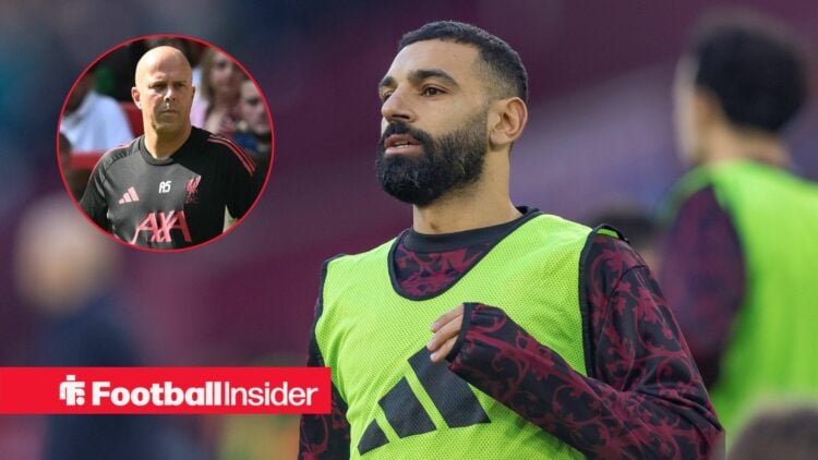 Mohamed Salah in a training bib with Arne Slot included in a circular inset