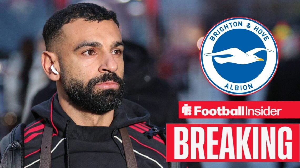 Mohamed Salah ready to play for Liverpool, Brighton badge in a circular inset