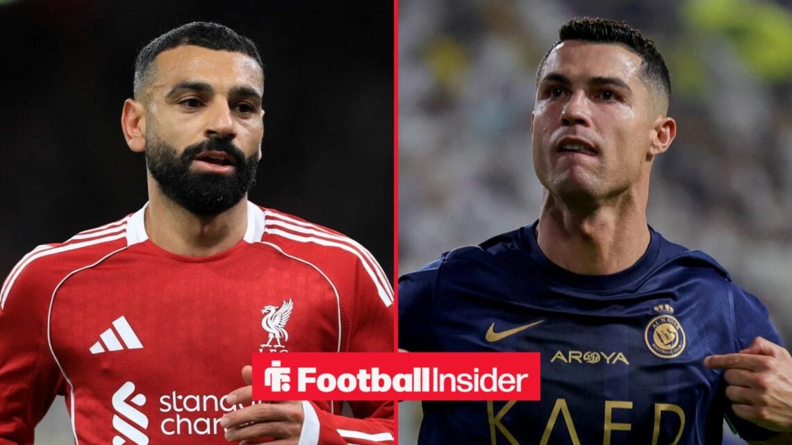 Mohamed Salah in action for Liverpool, with Cristiano Ronaldo in action for Al Nassr