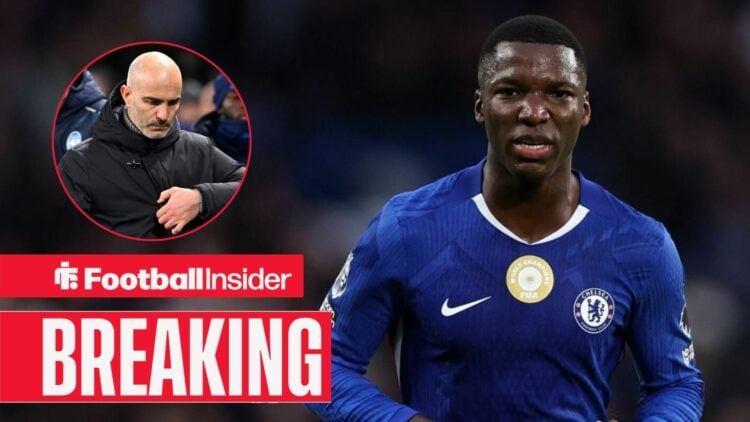 Moises Caicedo playing for Chelsea, Enzo Maresca in a circular inset