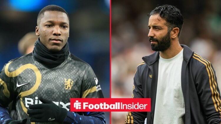 Moises Caicedo warms up for chelsea in the left half of a split image, as Manchester United manager Ruben Amorim watches on from the right.