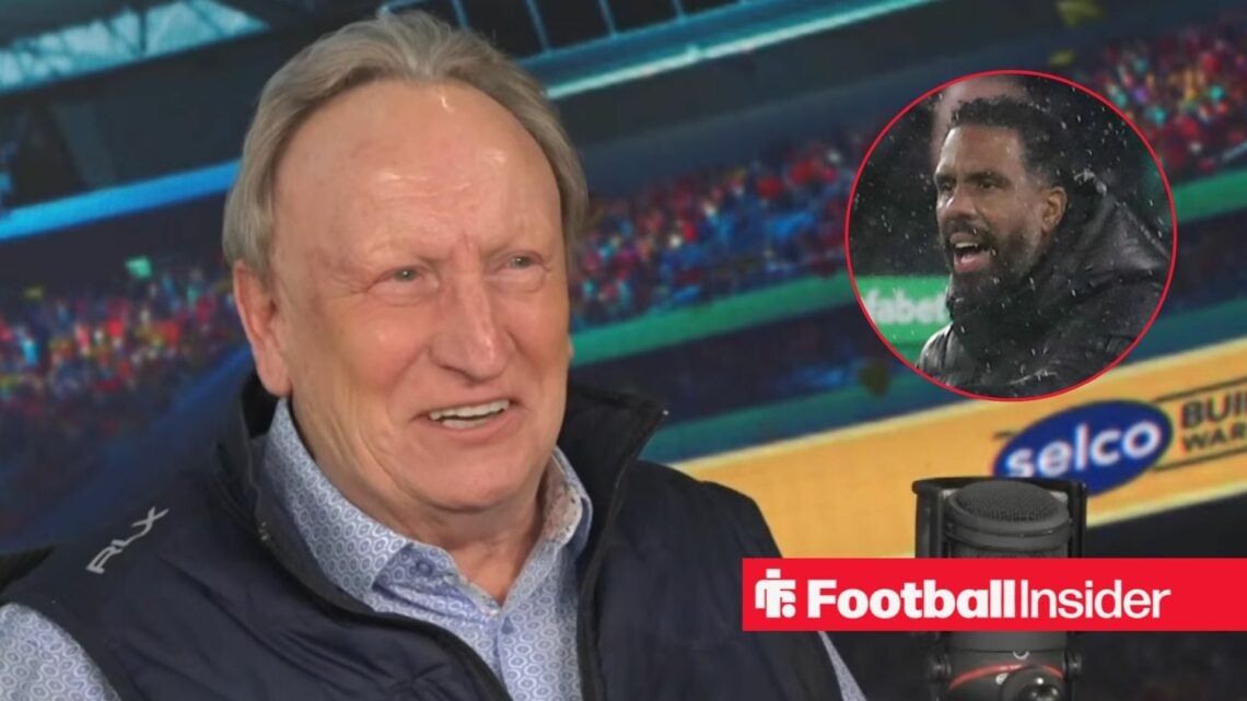 Neil Warnock laughs in the talkSPORT studio as Celtic manager Wilfried Nancy stands in the rain in a circular inset.