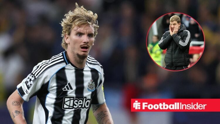 Nick Woltemade playing for Newcastle United, Eddie Howe in a circular inset