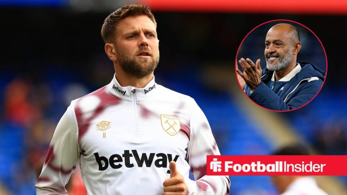 West Ham star Niclas Fullkrug warms up for a game, as manager Nuno Espirito Santo smiles and applauds in a circular inset.