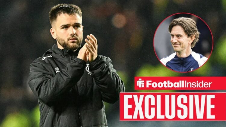 Football Insider exclusive as Rangers star Nicolas Raskin applauds after a game, while Tottenham manager Thomas Frank grins in a circular inset.