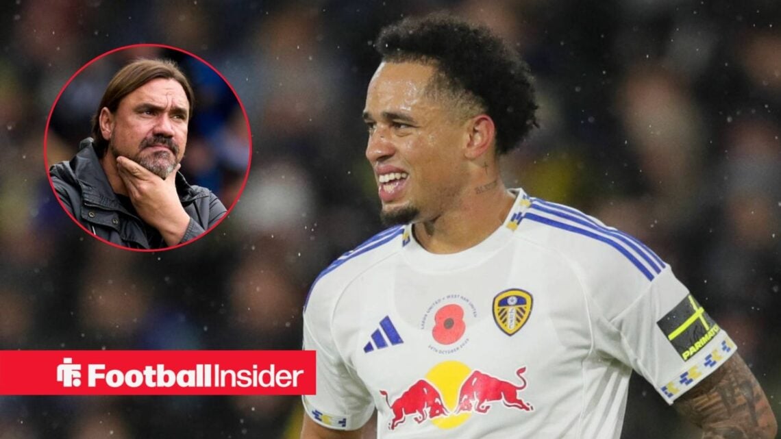 Leeds United forward Noah Okafor glances concernedly towards a circular inset, where manager Daniel Farke scratches his chin.