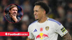 Leeds United forward Noah Okafor glances concernedly towards a circular inset, where manager Daniel Farke scratches his chin.