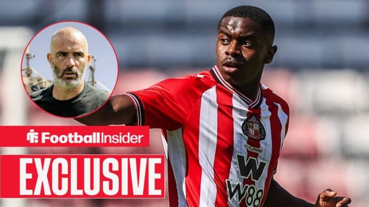 Football Insider exclusive as Sunderland star Noah Sadiki glances behind himself during a game, as Chelsea manager Enzo Maresca watches from a circ...