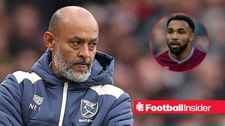 Nuno Espirito Santo on the sidlelines at West Ham, with Callum Wilson in a circular inset