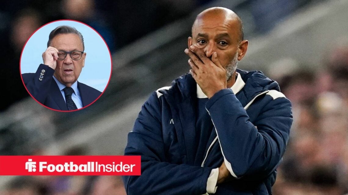 West Ham manager Nuno Espirito Santo covers his mouth in shock as owner David Sullivan watches on from a circular inset.