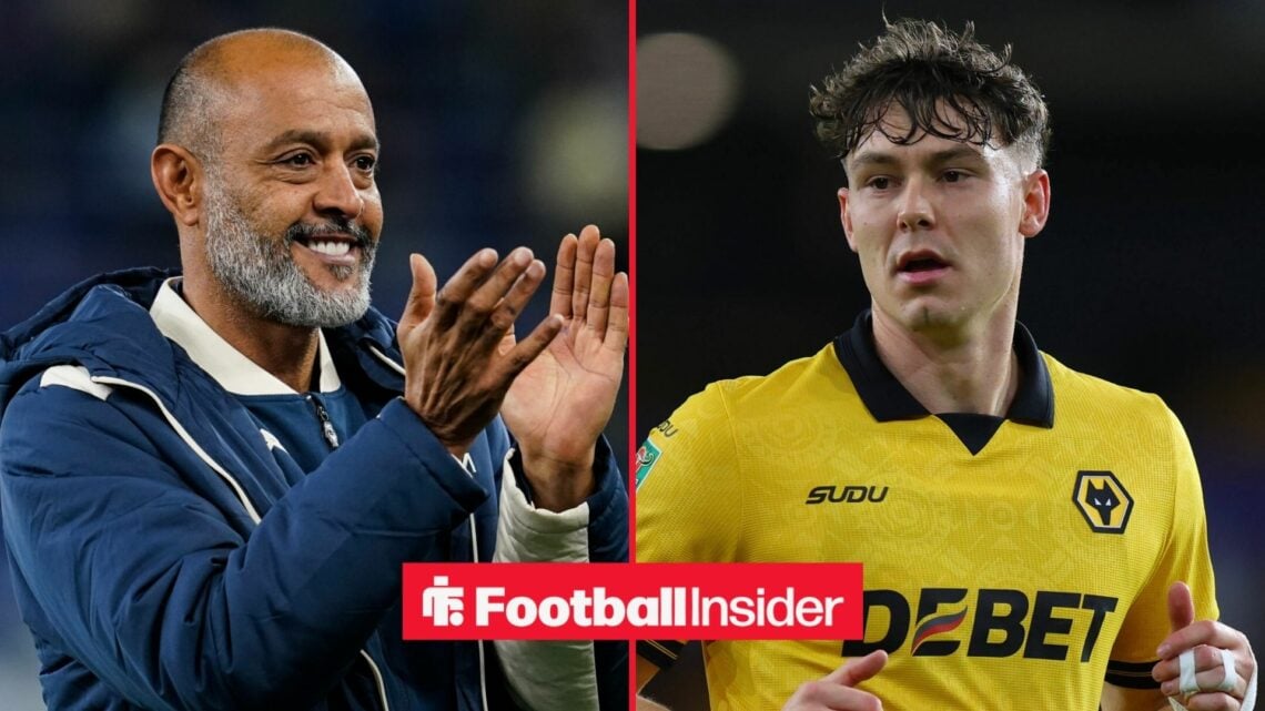 Nuno Espirito Santo clapping alongside Jorgen Strand Larsen in a Wolves shirt