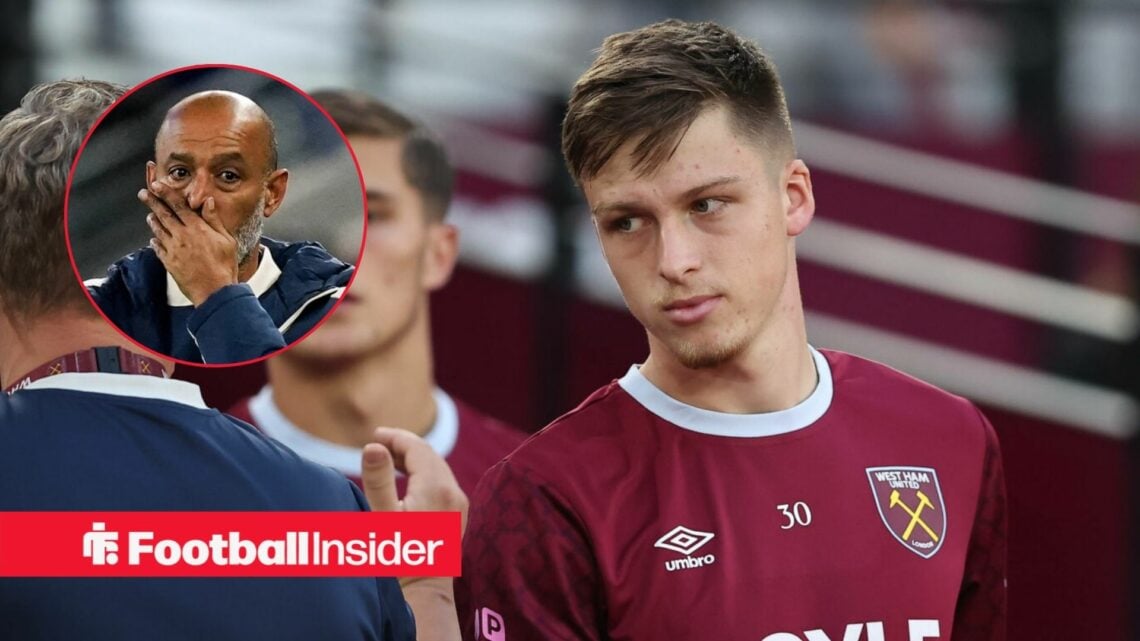 Ollie Scarles in action for West Ham, with Nuno Espirito Santo in a circular inset