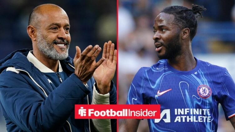 Nuno Espirito Santo clapping alongside Raheem Sterling in a Chelsea shirt