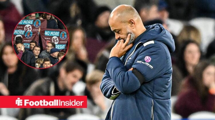 Nuno Espirito Santo has his head in his hands as West Ham fans protest in a circular inset.