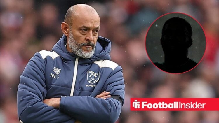 Nuno Espirito Santo with his arms crossed for West Ham on the left and Callum Wilson's silhouette on the right