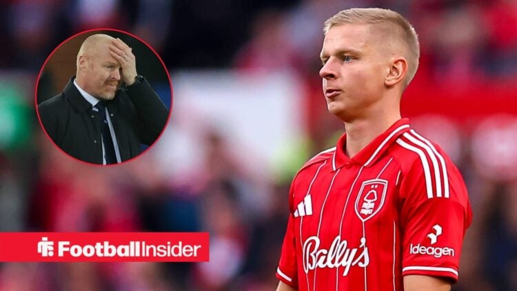 Oleksandr Zinchenko playing for Nottingham Forest, Sean Dyche in a circular inset