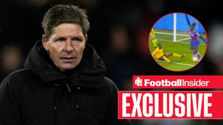 Oliver Glasner at Selhurst Park, Christantus Uche claiming for a penalty in a circular inset