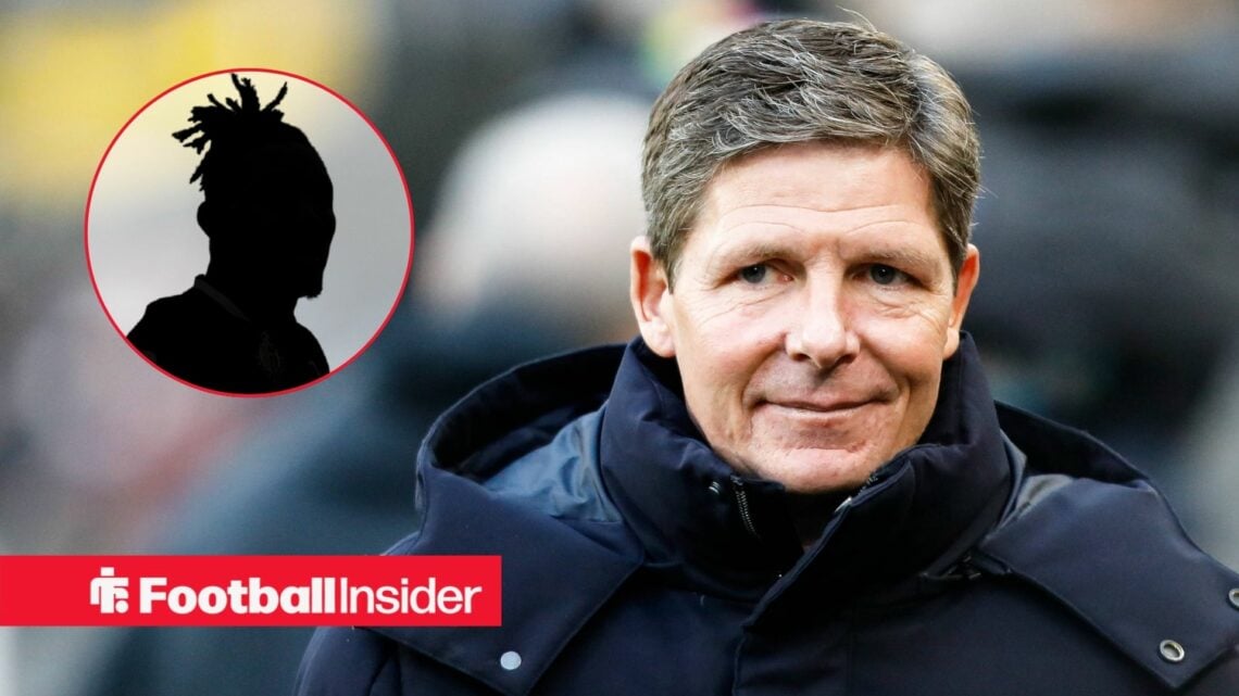 Oliver Glasner smiling, Christantus Uche's silhouette in a circular inset