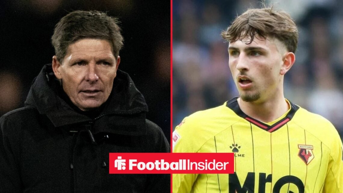 Oliver Glasner on the sidelines at Crystal Palace, with Rocco Vata in action for Watford