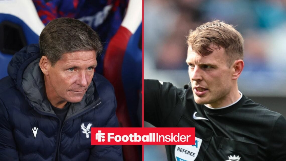 Oliver Glasner on the sidelines at Crystal Palace, with referee Sam Barrott in action