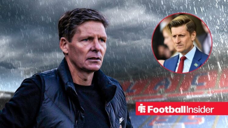 Oliver Glasner in the rain at Selhurst Park, with Steve Parish in a circular inset