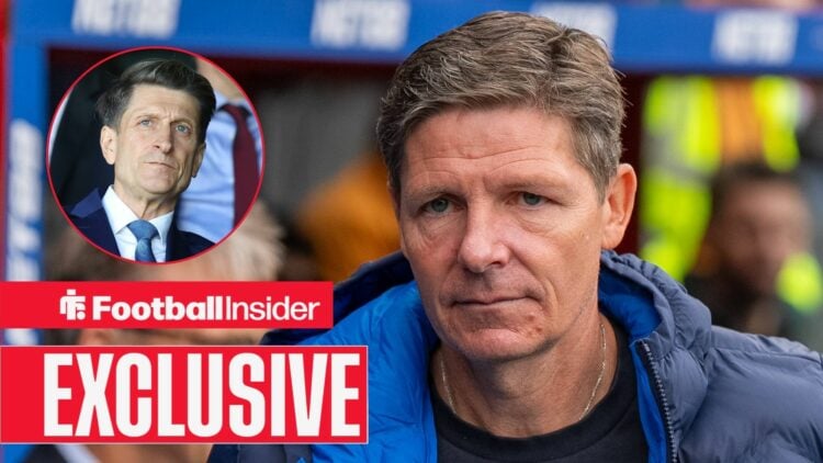 Football Insider exclusive as Crystal Palace manager Oliver Glasner glances towards chairman Steve Parish, who features in a circular inset.