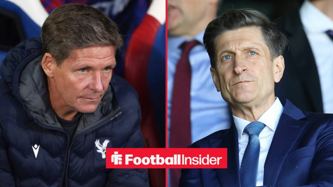 Oliver Glasner looking concerned alongside Crystal Palace chairman Steve Parish