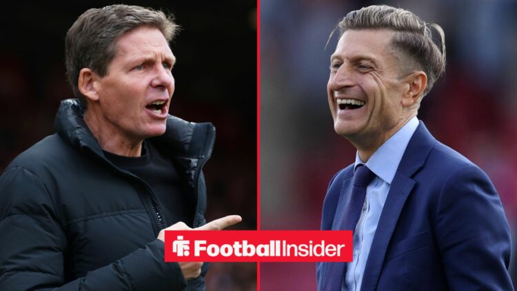 Oliver Glasner pointing alongside Steve Parish smiling