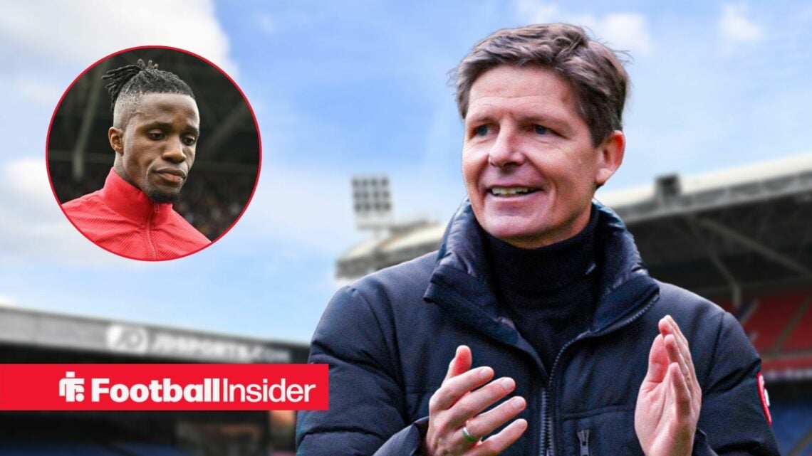 Oliver Glasner applauding at Selhurst Park, with Wilfried Zaha in a circular inset