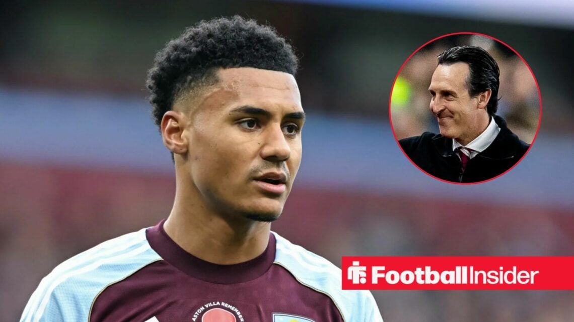 Ollie Watkins in action for Aston Villa, with Unai Emery in a circular inset