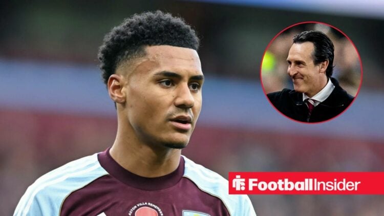 Ollie Watkins in action for Aston Villa, with Unai Emery in a circular inset