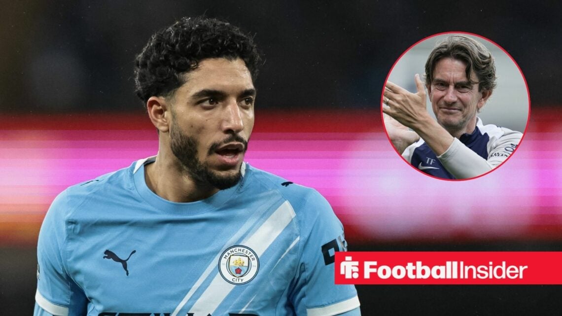 Omar Marmoush in action for Man City, with Thomas Frank in a circular inset