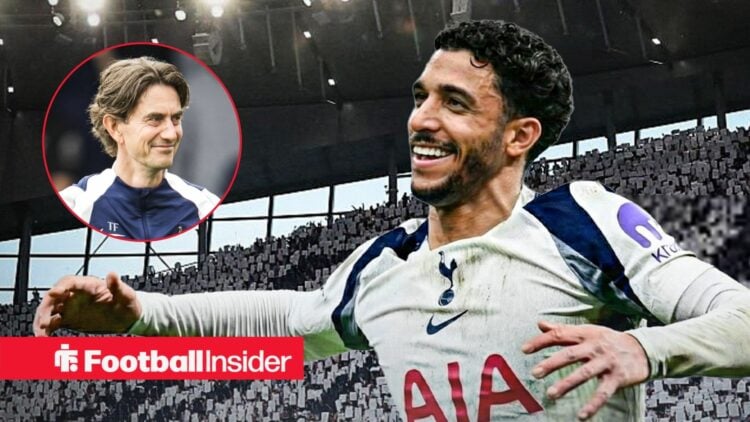 Omar Marmoush in action in a Tottenham shirt, as manager Thomas Frank grins in a circular inset.