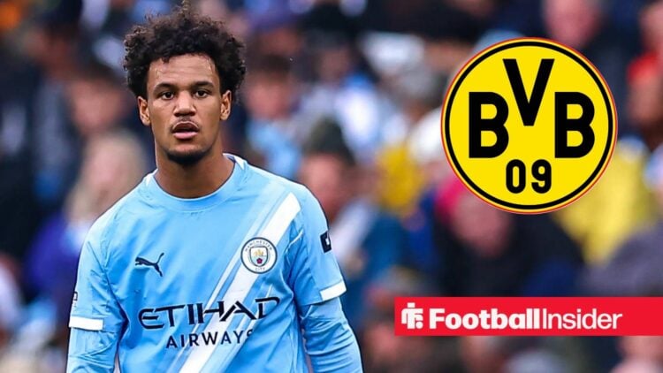 Oscar Bobb playing for Man City, Borussia Dortmund badge