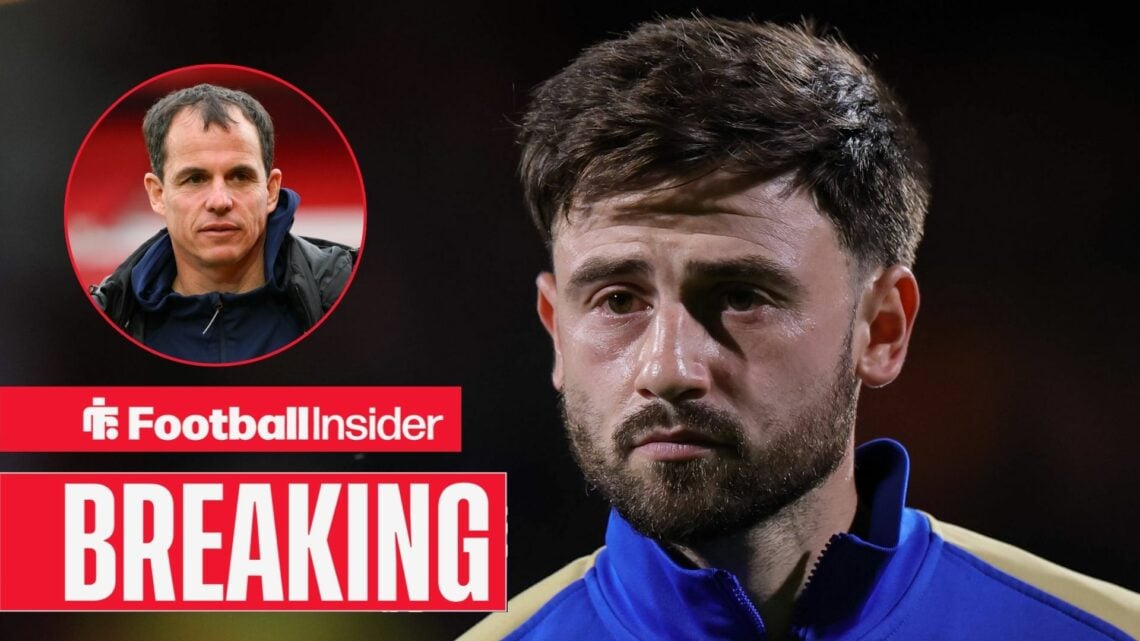 Patrick Roberts stands before a game for Birmingham City, as Sunderland manager Regis Le Bris watches from a circular inset.