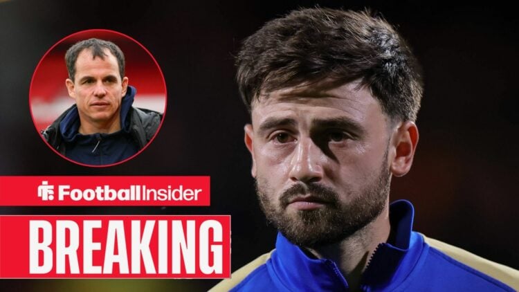 Patrick Roberts stands before a game for Birmingham City, as Sunderland manager Regis Le Bris watches from a circular inset.