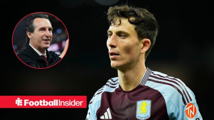 Pau Torres in action for Aston Villa, with Unai Emery in a circular inset