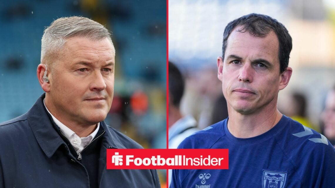 A split image as Paul Robinson glances across at Sunderland manager Regis Le Bris, who looks bemused.