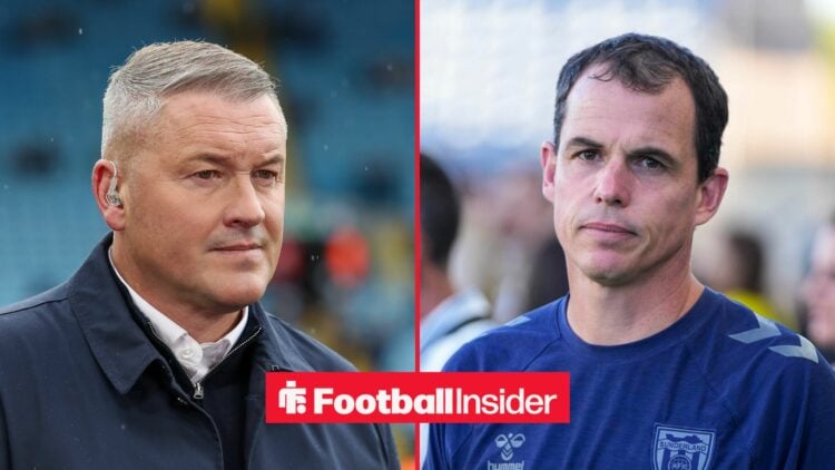 A split image as Paul Robinson glances across at Sunderland manager Regis Le Bris, who looks bemused.