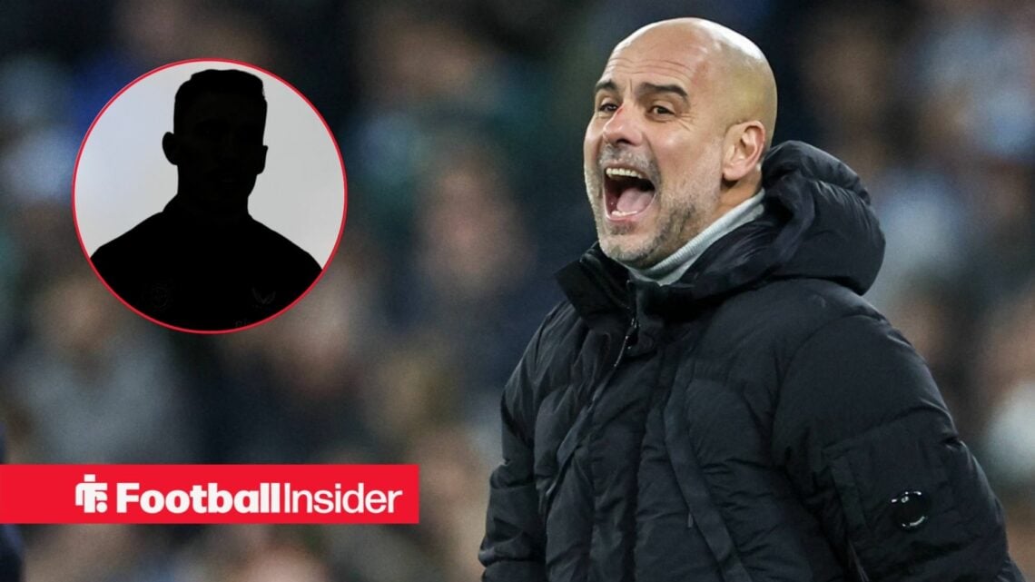 Pep Guardiola shouting, Alejandro Grimaldo's silhouette in a circular inset
