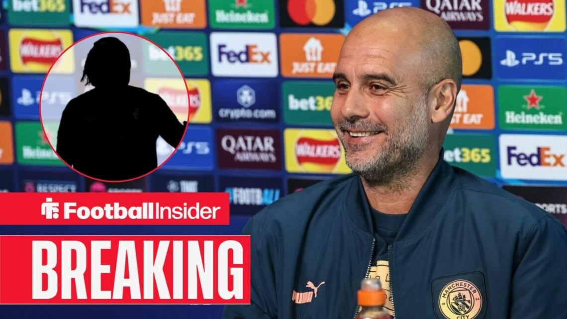 Pep Guardiola smiling, Antoine Semenyo's silhouette in a circular inset