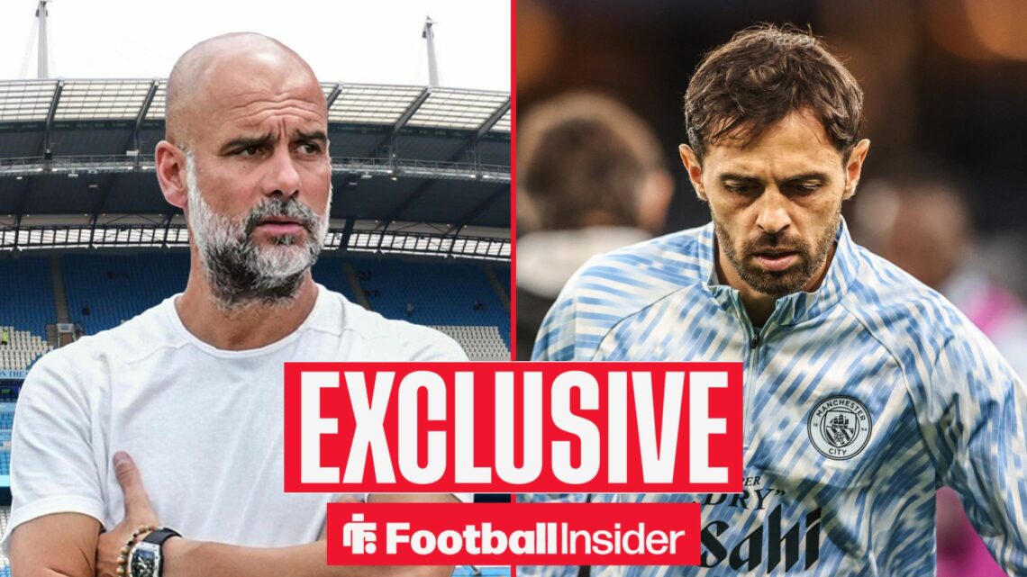 Football Insider exclusive as Manchester City manager Pep Guardiola stares across a split image towards Bernardo Silva, who warms up in the right h...