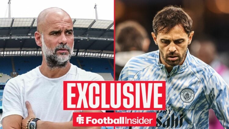 Football Insider exclusive as Manchester City manager Pep Guardiola stares across a split image towards Bernardo Silva, who warms up in the right h...